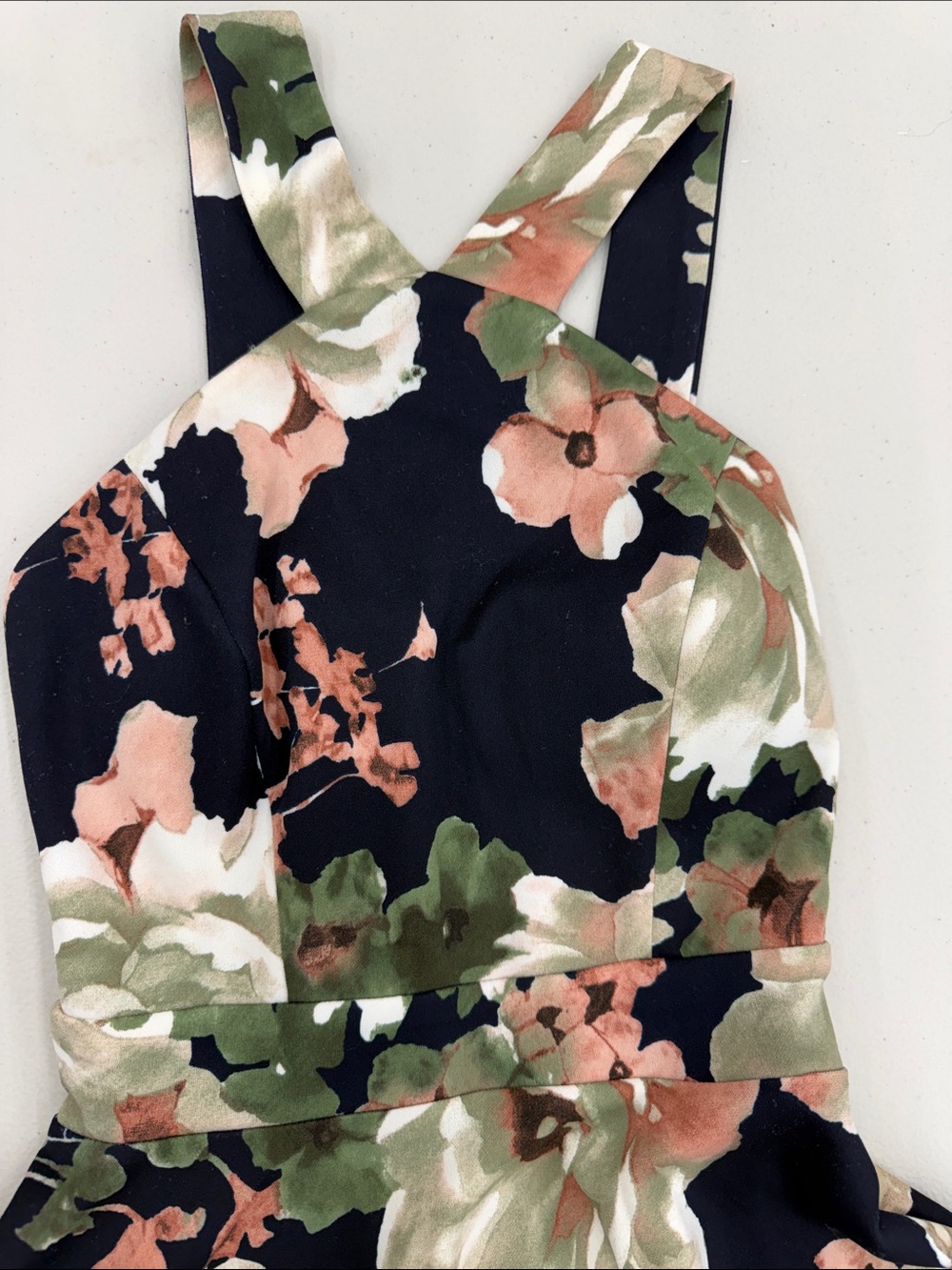 Trac Navy Floral Fit & Flare Dress with Green and Blush Blooms - Picture 4 of 5
